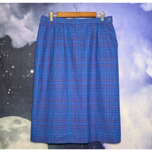 Vintage Pendleton Blue Plaid Wool Skirt Size 16 USA Made Geek Grunge Academia - Picture 1 of 8